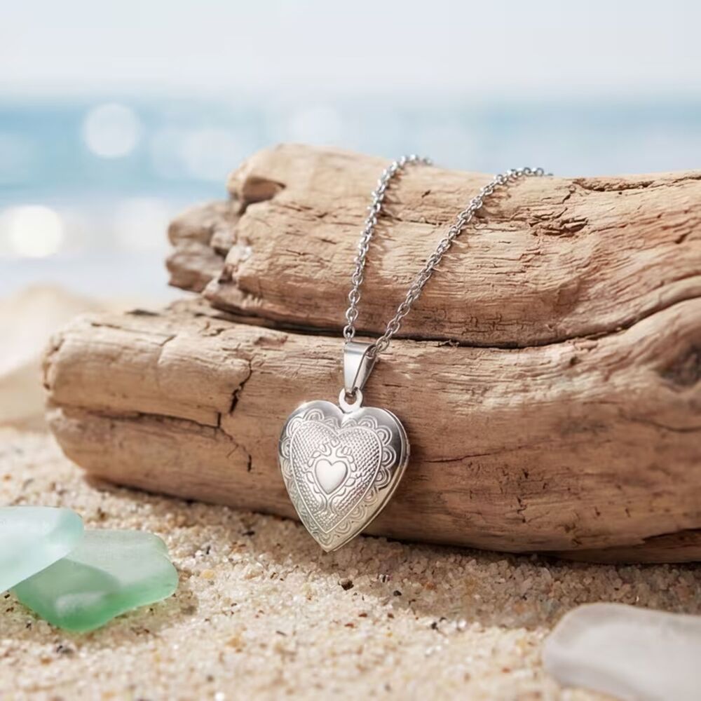 Silver Stainless Steel Heart Locket Photo Pendant Open Frame Charm Adjstbl Chain